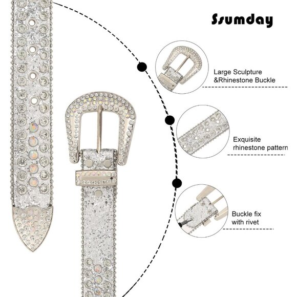 Leather Belt Rhinestone Bling Studded 1.5" Unisex Fashion Silver Buckle - Picture 2 of 6